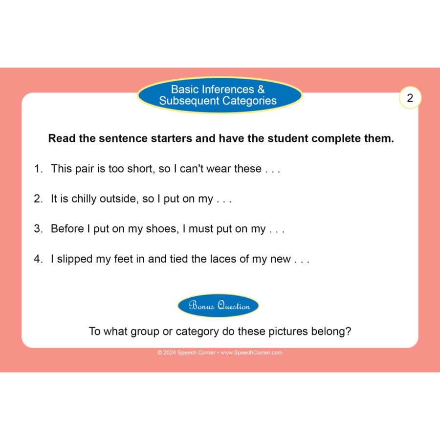 Speech Corner Photo Cards for Basic Inferences & Subsequent Categories ...
